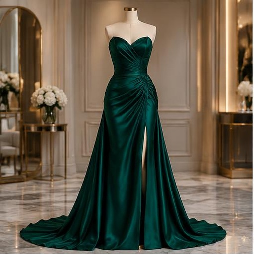 Emerald occasion gown displayed on a mannequin