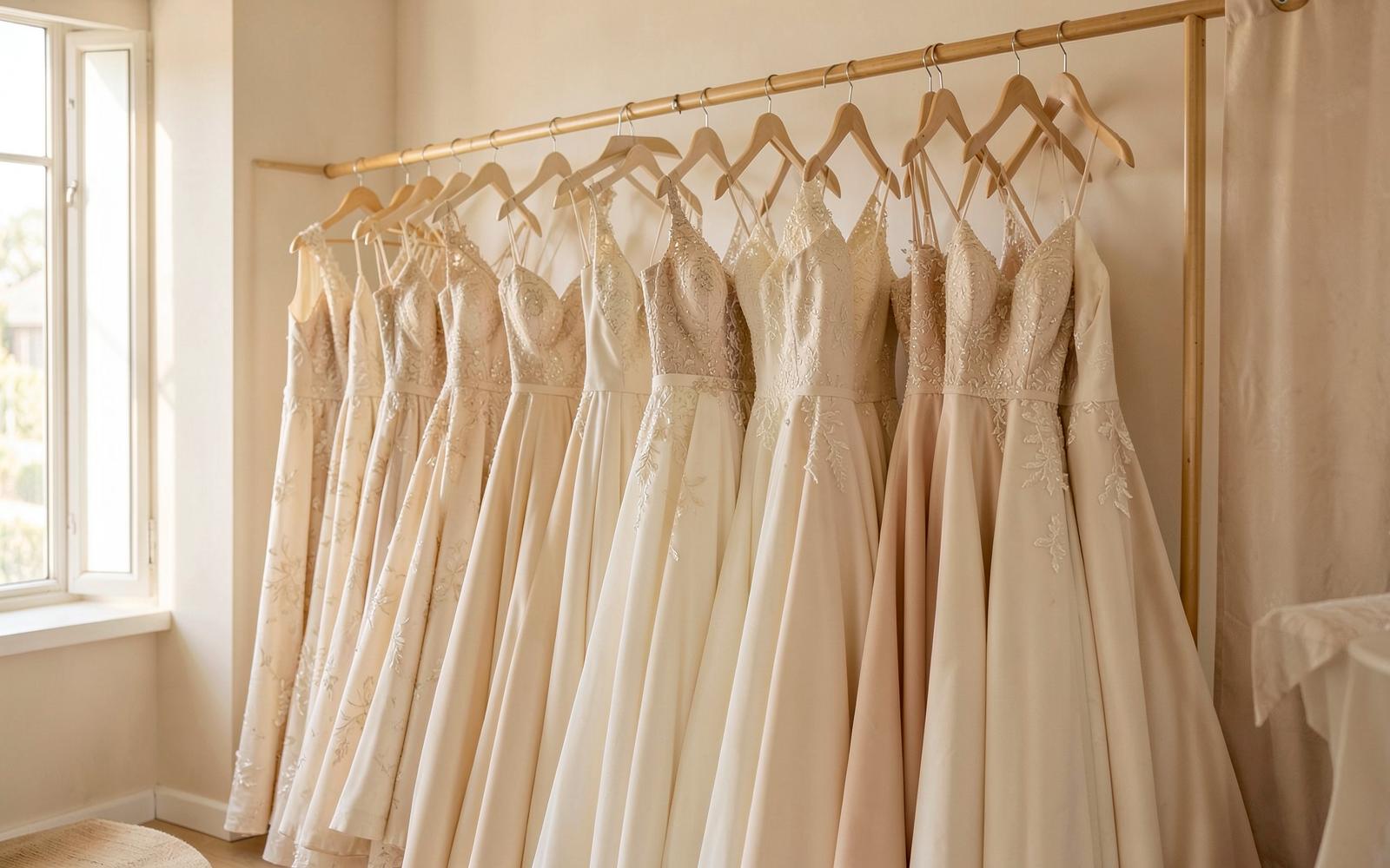 Rail of ivory and champagne wedding dresses inside the bridal house