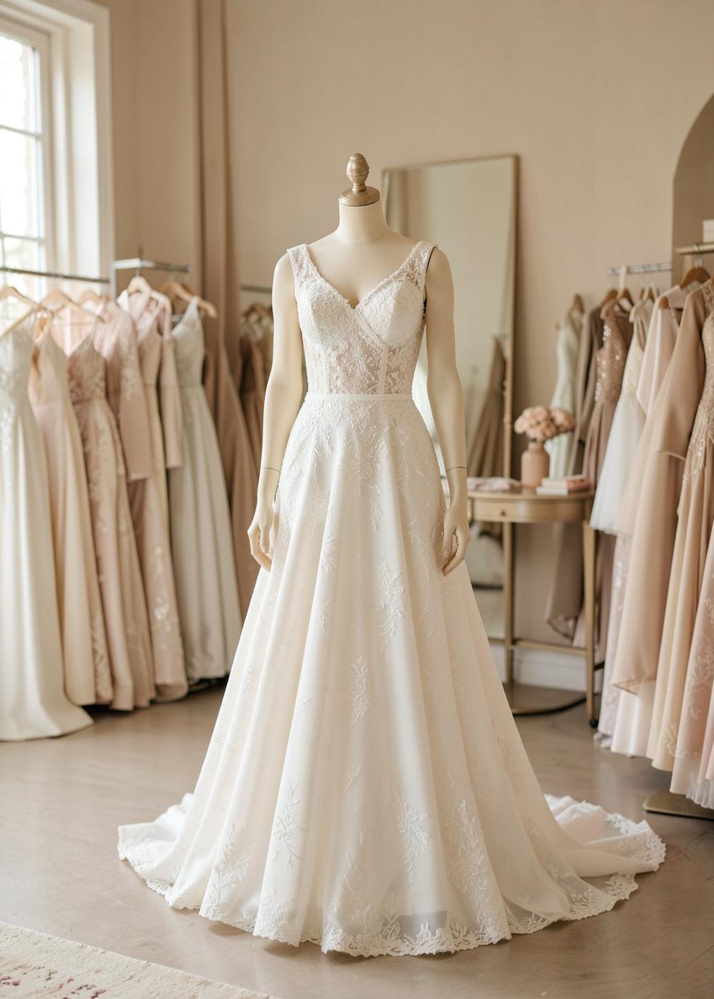 Ivory lace A-line wedding dress displayed in the Eloshe bridal boutique