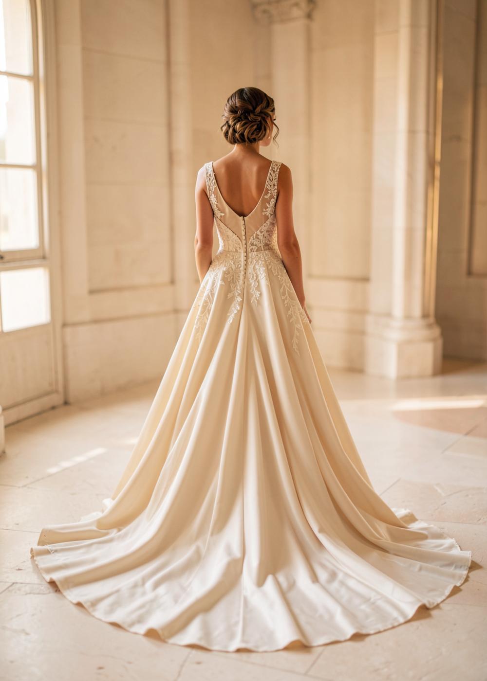 Bride seen from behind in an ivory ballgown with a long sweeping train