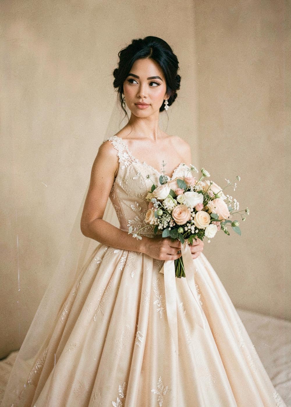 Bride in a champagne-toned reception gown holding a soft floral bouquet
