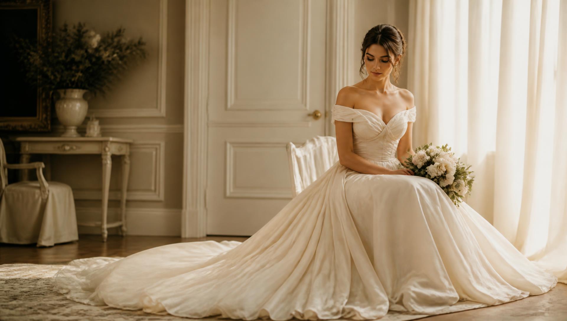 Bride seated calmly in a light-filled room wearing a flowing ivory gown