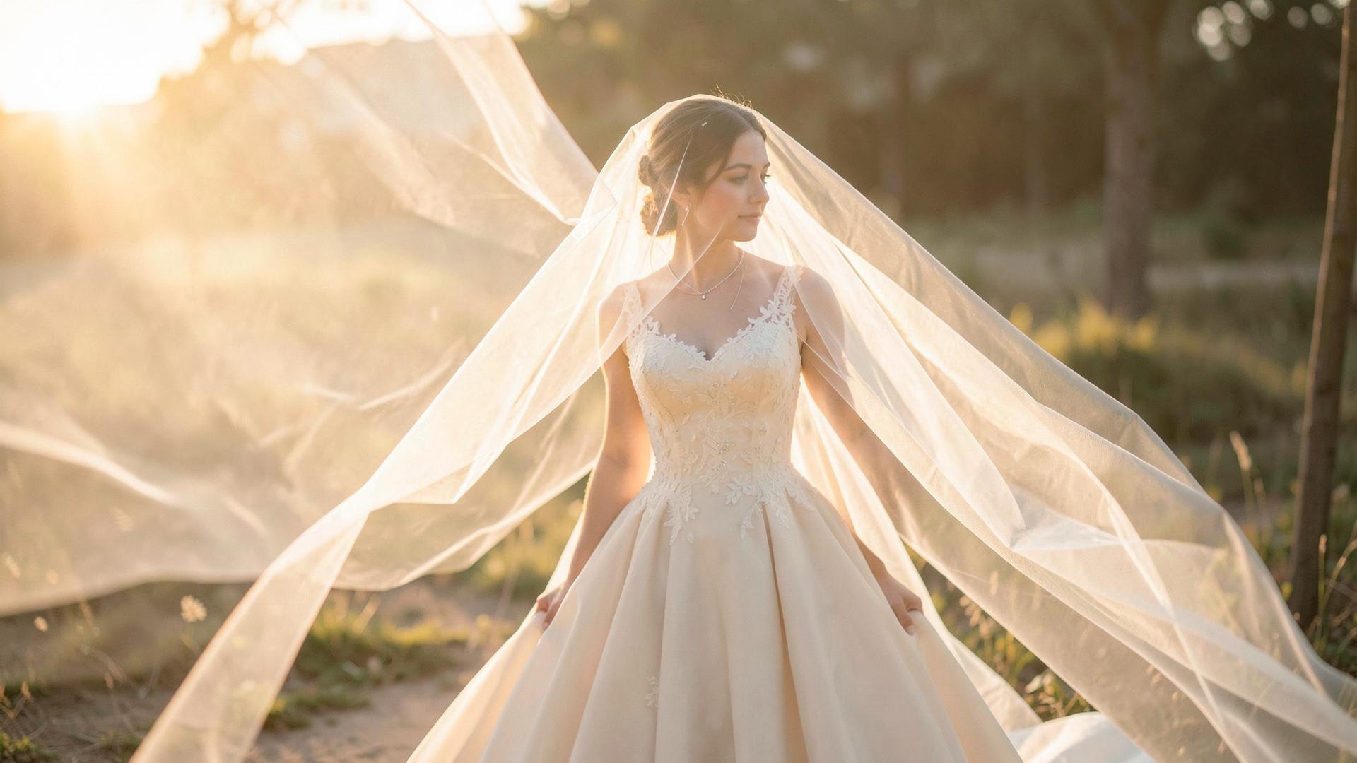 Bride in an ivory gown with a flowing veil in warm golden light