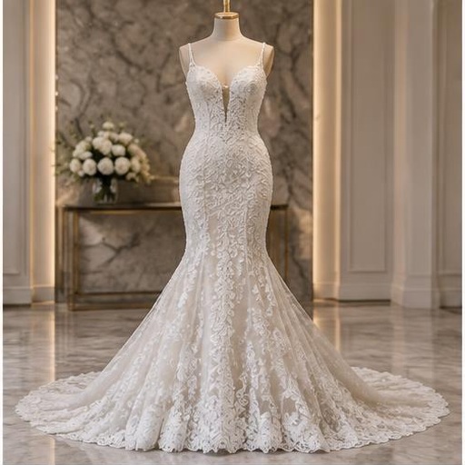 Fitted lace wedding dress displayed on a mannequin