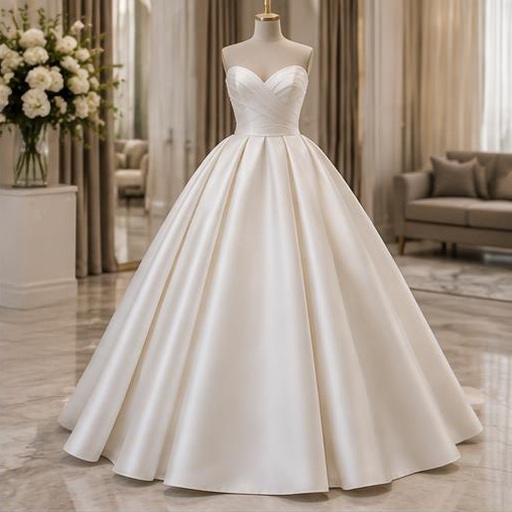 Ivory satin wedding gown displayed on a mannequin