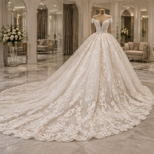 Wedding gown with a long lace train displayed on a mannequin