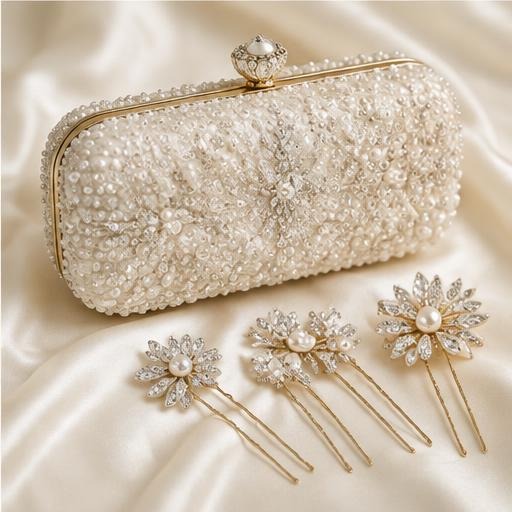 Pearl bridal clutch and hairpins