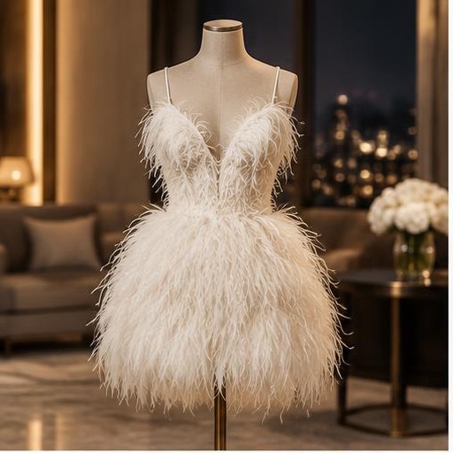 Feathered after-party mini dress on a mannequin