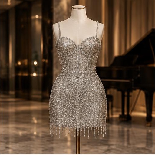 Crystal fringe reception dress on a mannequin