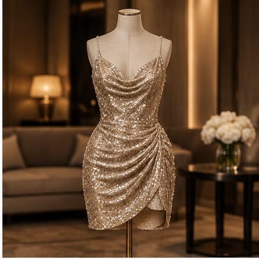 Champagne sequin party dress on a mannequin