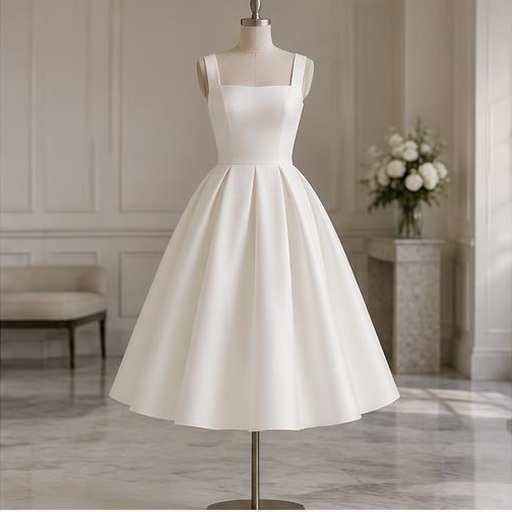 Tea-length court wedding dress on a mannequin