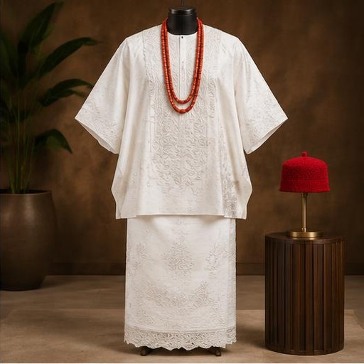 Embroidered Edo menswear on a mannequin