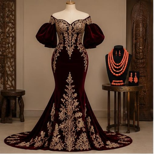 Burgundy Edo dress on a mannequin