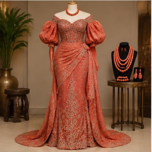 Coral embroidered Edo dress on a mannequin