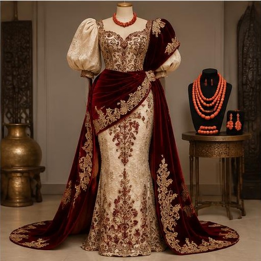 Ivory and burgundy Edo dress on a mannequin