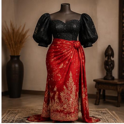 Black and red Igbo womenswear on a mannequin