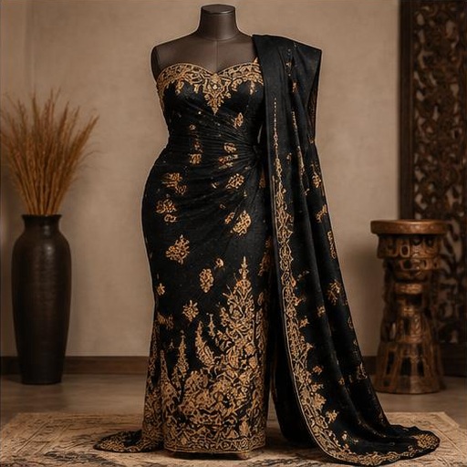 Black and gold Igbo womenswear on a mannequin