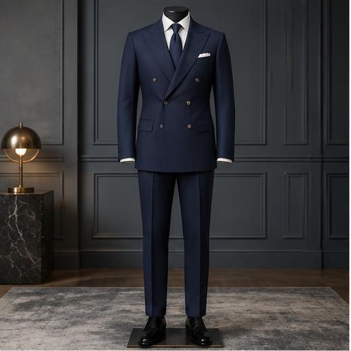 Navy double-breasted suit on a mannequin