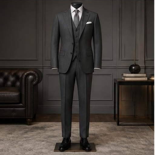 Charcoal three-piece suit on a mannequin