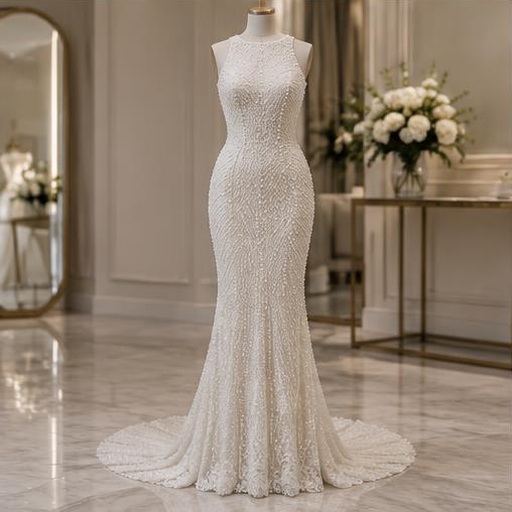 Beaded wedding gown on a mannequin