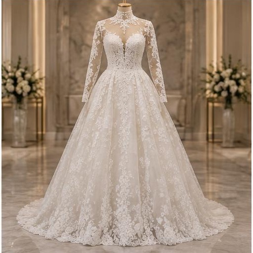 Long-sleeve lace gown on a mannequin